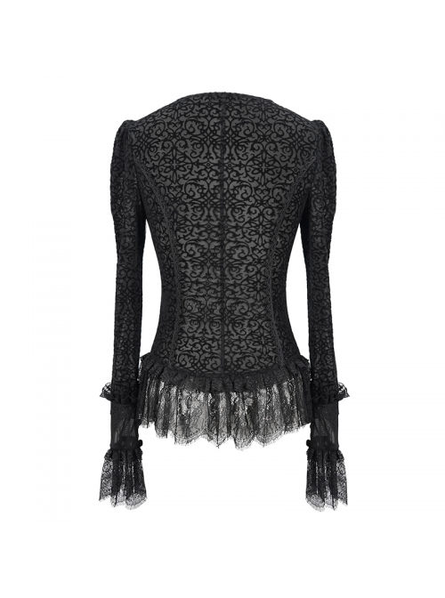 V-Neck Front Splice Velvet Long Sleeve Lace Hem Black Gothic Flocking Top