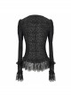 V-Neck Front Splice Velvet Long Sleeve Lace Hem Black Gothic Flocking Top