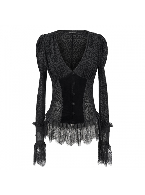 V-Neck Front Splice Velvet Long Sleeve Lace Hem Black Gothic Flocking Top