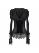 V-Neck Front Splice Velvet Long Sleeve Lace Hem Black Gothic Flocking Top