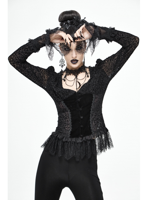 V-Neck Front Splice Velvet Long Sleeve Lace Hem Black Gothic Flocking Top