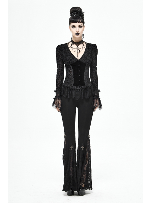 V-Neck Front Splice Velvet Long Sleeve Lace Hem Black Gothic Flocking Top