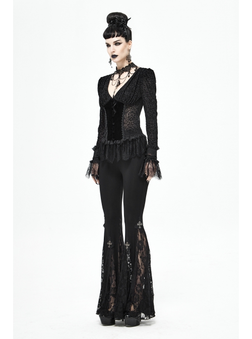 V-Neck Front Splice Velvet Long Sleeve Lace Hem Black Gothic Flocking Top