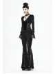 V-Neck Front Splice Velvet Long Sleeve Lace Hem Black Gothic Flocking Top