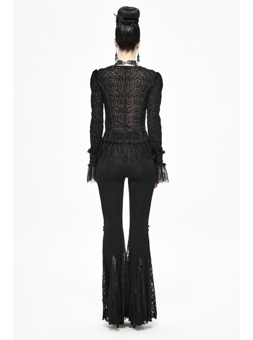 V-Neck Front Splice Velvet Long Sleeve Lace Hem Black Gothic Flocking Top