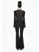 V-Neck Front Splice Velvet Long Sleeve Lace Hem Black Gothic Flocking Top