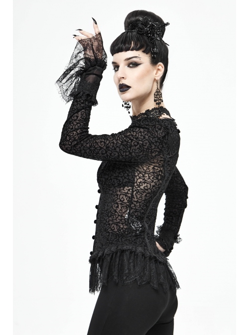 V-Neck Front Splice Velvet Long Sleeve Lace Hem Black Gothic Flocking Top