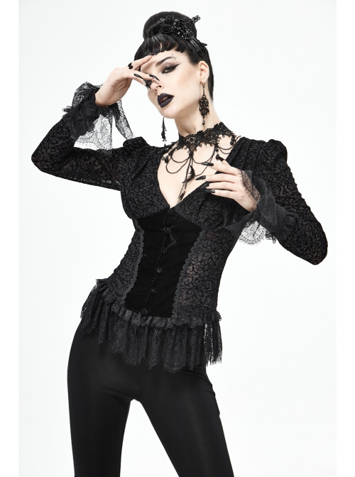 V-Neck Front Splice Velvet Long Sleeve Lace Hem Black Gothic Flocking Top