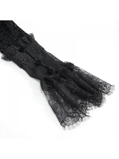V-Neck Front Splice Velvet Long Sleeve Lace Hem Black Gothic Flocking Top