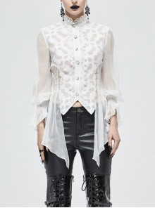 High Collar Front Retro Metal Button Flare Cuff Back Waist Lace-Up White Gothic Chiffon Blouse