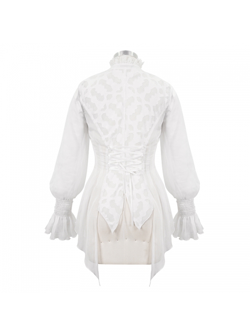 High Collar Front Retro Metal Button Flare Cuff Back Waist Lace-Up White Gothic Chiffon Blouse