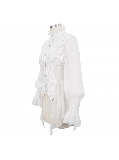 High Collar Front Retro Metal Button Flare Cuff Back Waist Lace-Up White Gothic Chiffon Blouse