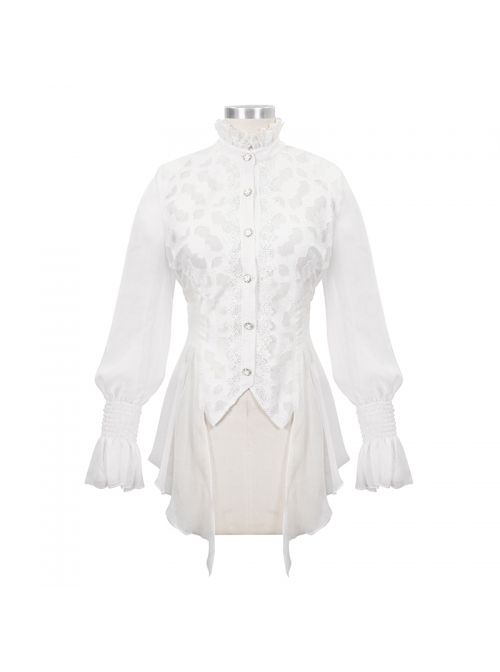 High Collar Front Retro Metal Button Flare Cuff Back Waist Lace-Up White Gothic Chiffon Blouse
