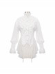 High Collar Front Retro Metal Button Flare Cuff Back Waist Lace-Up White Gothic Chiffon Blouse