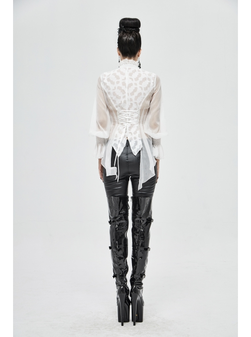 High Collar Front Retro Metal Button Flare Cuff Back Waist Lace-Up White Gothic Chiffon Blouse