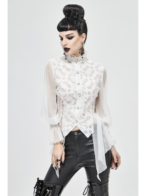 High Collar Front Retro Metal Button Flare Cuff Back Waist Lace-Up White Gothic Chiffon Blouse