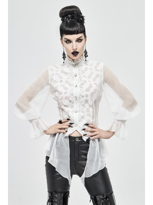 High Collar Front Retro Metal Button Flare Cuff Back Waist Lace-Up White Gothic Chiffon Blouse