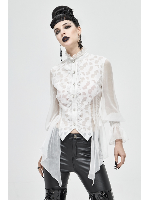 High Collar Front Retro Metal Button Flare Cuff Back Waist Lace-Up White Gothic Chiffon Blouse