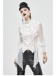 High Collar Front Retro Metal Button Flare Cuff Back Waist Lace-Up White Gothic Chiffon Blouse