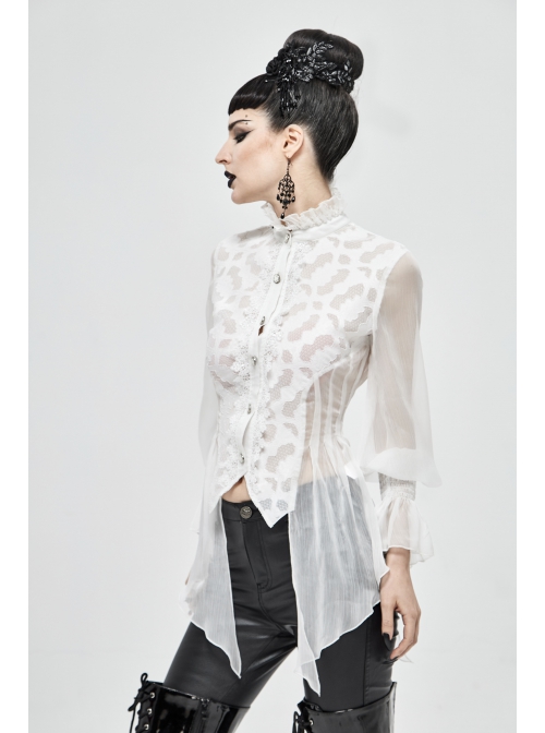 High Collar Front Retro Metal Button Flare Cuff Back Waist Lace-Up White Gothic Chiffon Blouse
