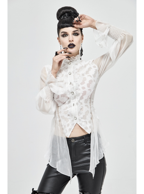 High Collar Front Retro Metal Button Flare Cuff Back Waist Lace-Up White Gothic Chiffon Blouse