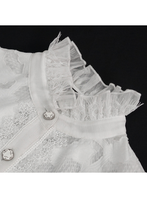 High Collar Front Retro Metal Button Flare Cuff Back Waist Lace-Up White Gothic Chiffon Blouse