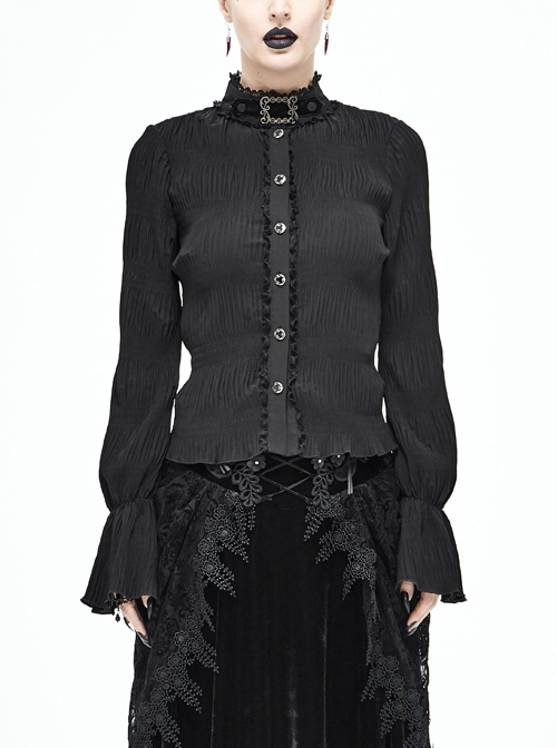 High Collar Front Retro Button Small Lantern Sleeve Flare Cuff Black Gothic Pleated Chiffon Blouse