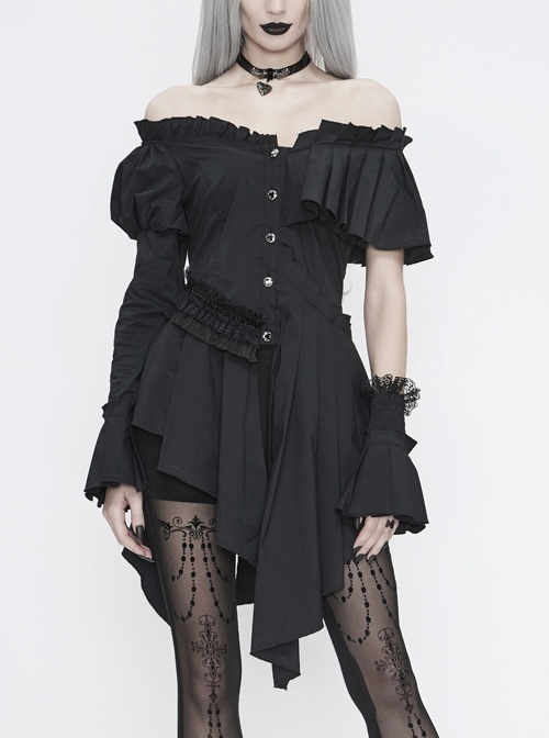 Off-Shoulder Front Chest Frill Retro Button Irregular Hem Black Gothic Blouse