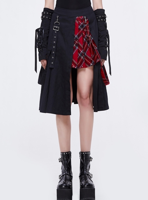 Metal Eyelets Loop Decoration Splice Red Scottish Plaid Black Punk Skirt