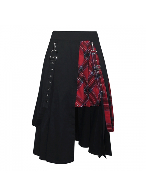 Metal Eyelets Loop Decoration Splice Red Scottish Plaid Black Punk Skirt
