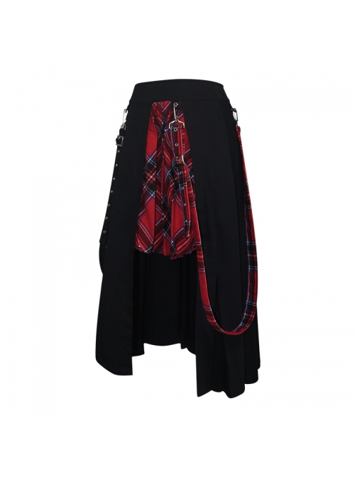 Metal Eyelets Loop Decoration Splice Red Scottish Plaid Black Punk Skirt