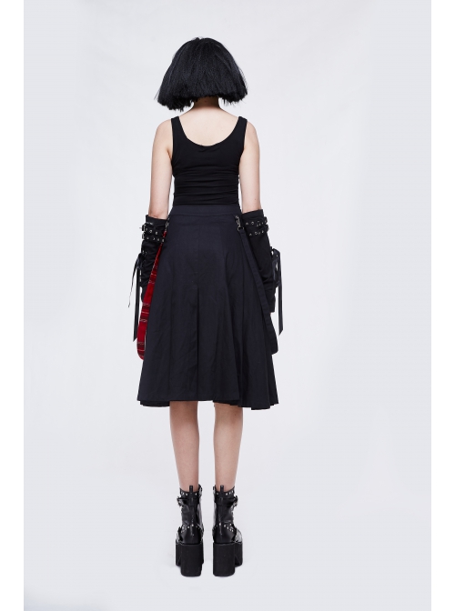 Metal Eyelets Loop Decoration Splice Red Scottish Plaid Black Punk Skirt