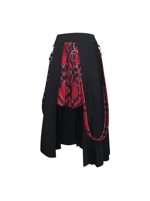 Metal Eyelets Loop Decoration Splice Red Scottish Plaid Black Punk Skirt