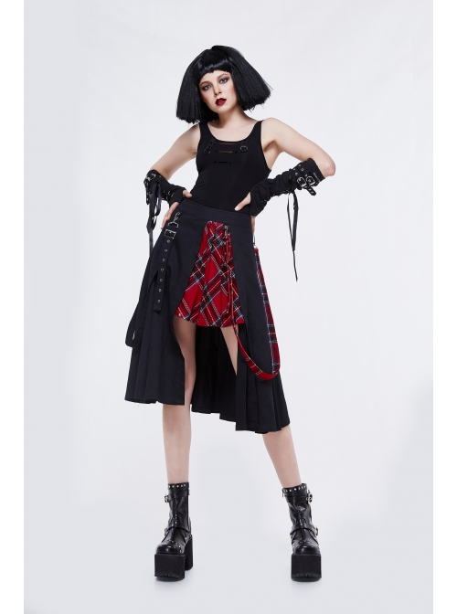 Metal Eyelets Loop Decoration Splice Red Scottish Plaid Black Punk Skirt