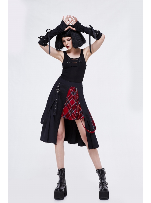 Metal Eyelets Loop Decoration Splice Red Scottish Plaid Black Punk Skirt