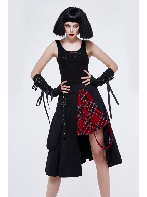 Metal Eyelets Loop Decoration Splice Red Scottish Plaid Black Punk Skirt