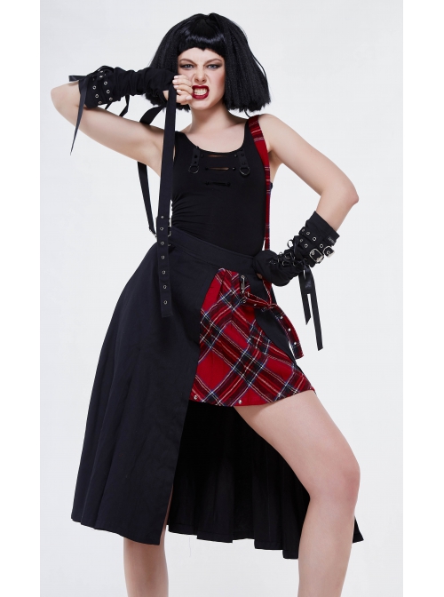 Metal Eyelets Loop Decoration Splice Red Scottish Plaid Black Punk Skirt