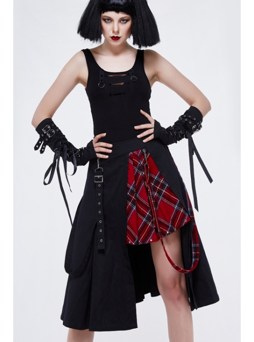 Metal Eyelets Loop Decoration Splice Red Scottish Plaid Black Punk Skirt