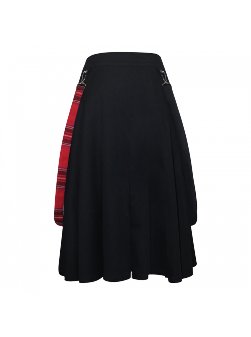 Metal Eyelets Loop Decoration Splice Red Scottish Plaid Black Punk Skirt
