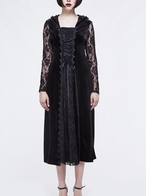 Front Lace-Up Lace Long Sleeve Velvet Splice Rose Flocking Black Gothic Long Hoodie Dress