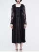 Front Lace-Up Lace Long Sleeve Velvet Splice Rose Flocking Black Gothic Long Hoodie Dress