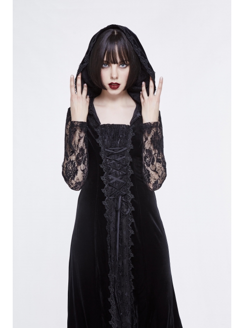 Front Lace-Up Lace Long Sleeve Velvet Splice Rose Flocking Black Gothic Long Hoodie Dress