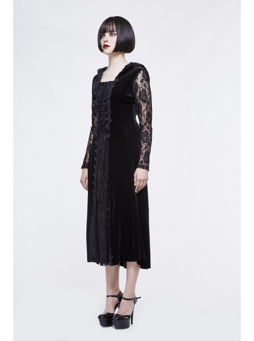 Front Lace-Up Lace Long Sleeve Velvet Splice Rose Flocking Black Gothic Long Hoodie Dress