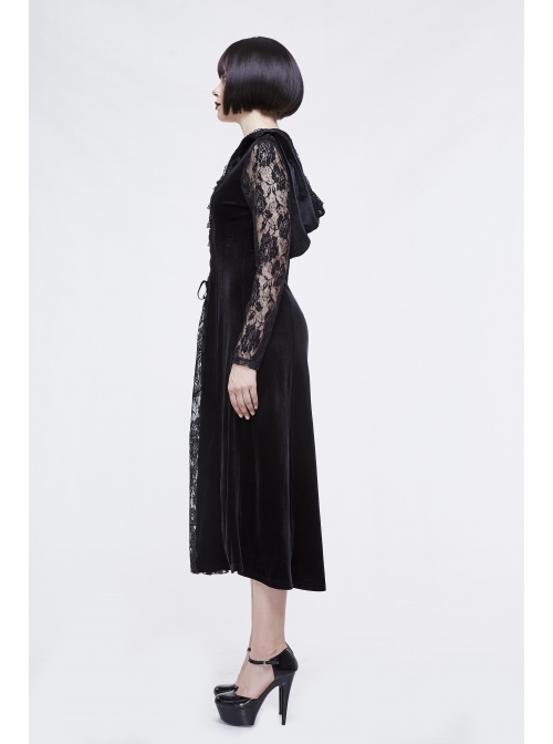 Front Lace-Up Lace Long Sleeve Velvet Splice Rose Flocking Black Gothic Long Hoodie Dress