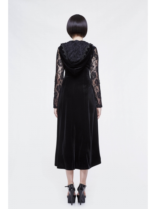 Front Lace-Up Lace Long Sleeve Velvet Splice Rose Flocking Black Gothic Long Hoodie Dress