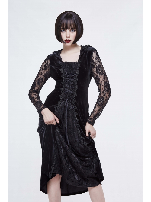 Front Lace-Up Lace Long Sleeve Velvet Splice Rose Flocking Black Gothic Long Hoodie Dress