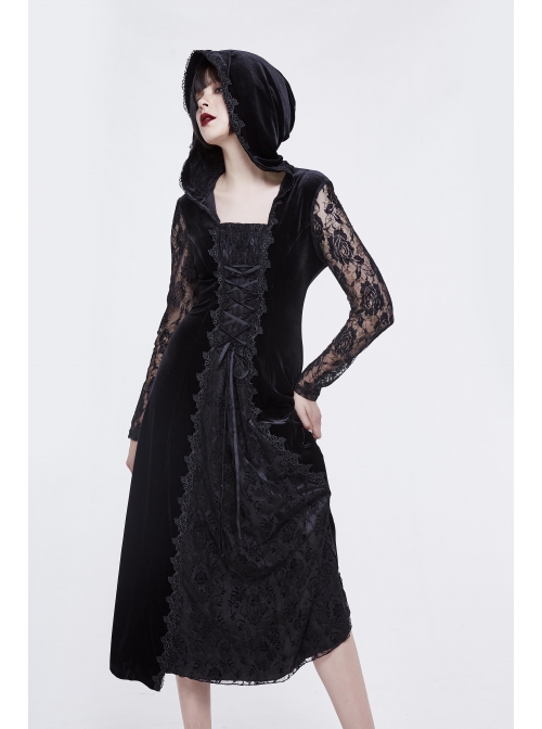 Front Lace-Up Lace Long Sleeve Velvet Splice Rose Flocking Black Gothic Long Hoodie Dress