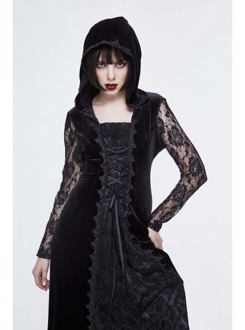 Front Lace-Up Lace Long Sleeve Velvet Splice Rose Flocking Black Gothic Long Hoodie Dress