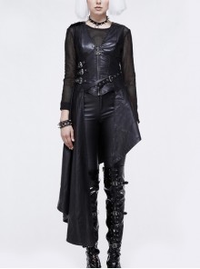 Front Metal Buckle Loop Back Lace-Up Irregular Hem Black Punk Imitation Leather Vest