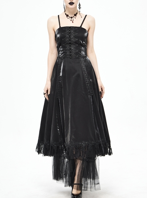 Front Decals Back Waist Lace-Up Lace Mesh Hem Black Gothic Sling Dress